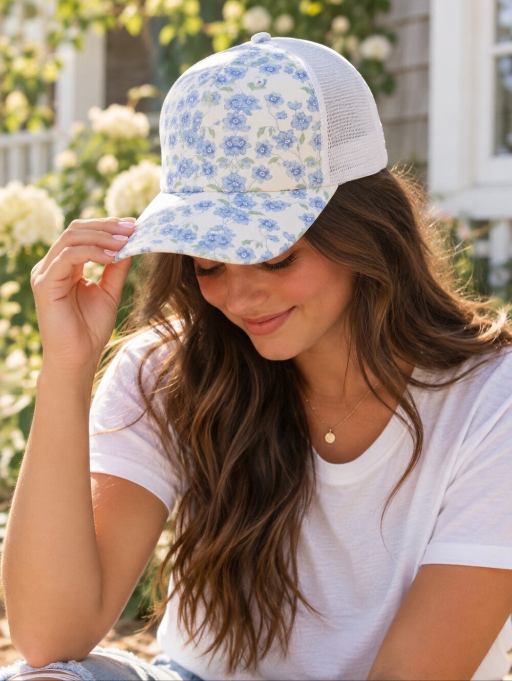 Floral trucker hat Blue and White soft feminine print breathable white backing